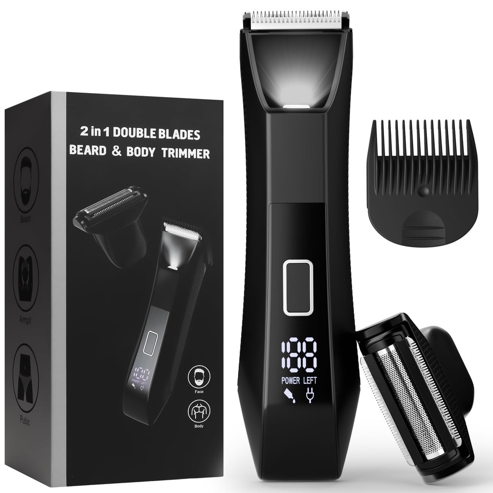 BILTRTE Groin& Body Hair Trimmer for Men,Dual-Head Ceramic Trimmer& Foil Blades,Ball Trimmer Men with Travel Lock,USB-C Rechargeable,Waterproof Wet/Dry Body Groomer with LED Display,Men's Ball Shaver