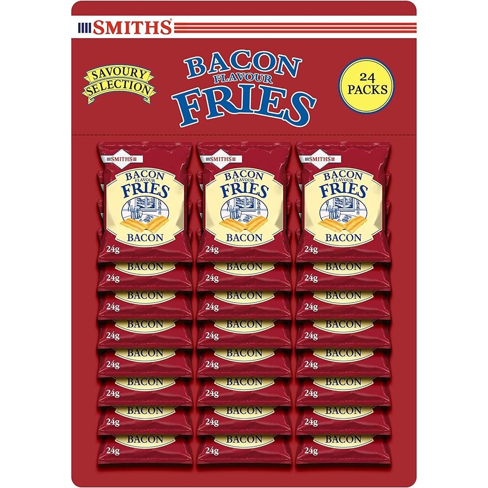 Smiths 24 x 24g Bacon Fries Pub Card Bundle Crunchy Bacon Flavoured Fries Light Snacks Ideal for All Types of Drinks