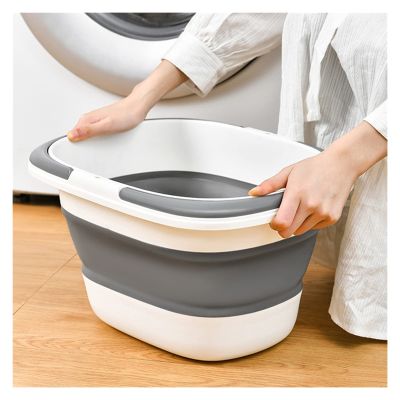 16L Collapsible Dish Basin Plastic Laundry Basket - Portable Foldable Tub/Basin/Bucket with Sturdy Handle for Washing Dishes, Camping - Gray