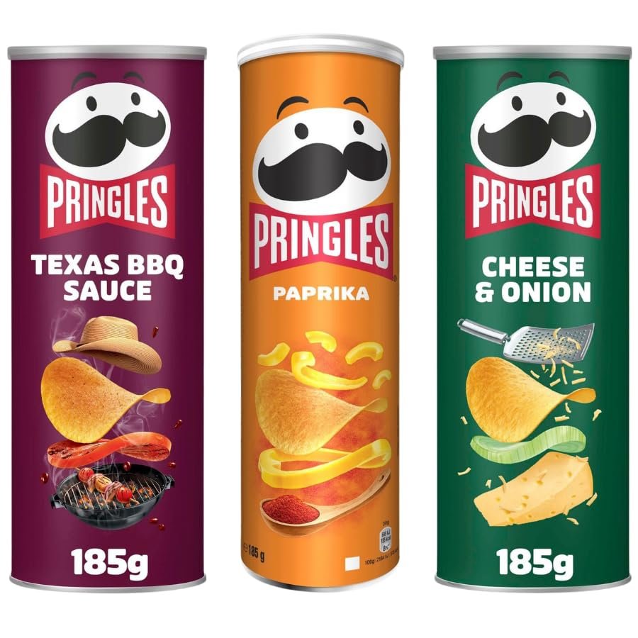 Crips & Snacks Bundle Mix Pack with Pringles Texas BBQ Sauce Flavour Crisps 185g - 1 Pack | Paprika Flavour Crisps 185g - 1 Pack | Cheese & Onion Flavour Crisps 185g - - 1 Pack | Total 3 Pack.