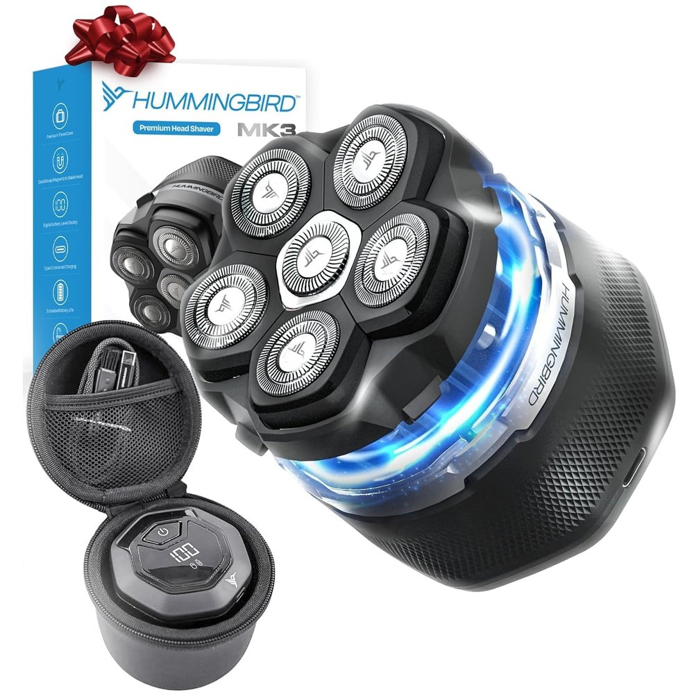 Hummingbird MK3 Head Shaver for Bald Men - Wet/Dry Electric Rotary Razor, Waterproof, Cordless USB-C Rechargeable Skull Shaver with Case