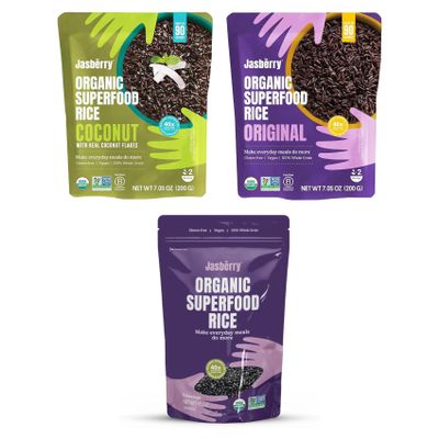 Jasberry Organic Rice - Superfood with High Antioxidants, Ready to Eat or Heat, 100% Jasberry Rice, Gluten-Free, USDA Certified, Mix pack (Pack of 3, 1 Coconut, 1 Original & 1 Organic)