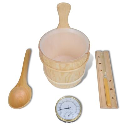 Bulliing 5 Piece Sauna Accessory Bucket Spoon Hourglass Thermo-hygrometer,Sauna Wooden Bucket and Ladle Set Sauna Water Bucket Wood Ladle Kit Barrel Set Sauna Steam Water Accessories