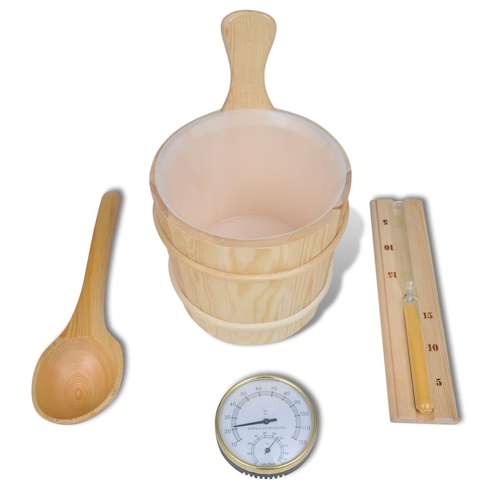 Bulliing 5 Piece Sauna Accessory Bucket Spoon Hourglass Thermo-hygrometer,Sauna Wooden Bucket and Ladle Set Sauna Water Bucket Wood Ladle Kit Barrel Set Sauna Steam Water Accessories