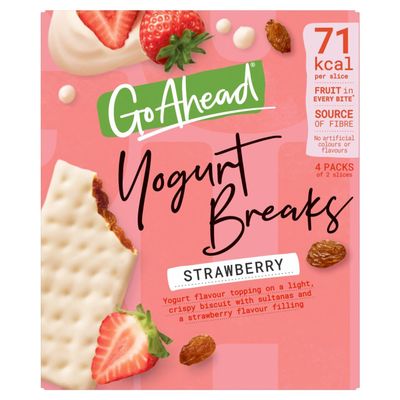 Go Ahead Strawberry Fruit Yogurt Breaks Snack Bars 4 Pack Multipack 4 x 35.5g, Crispy yogurty fruity deliciousness, 71 Kcal per slice, Source of Fibre, No artificial colours or flavours