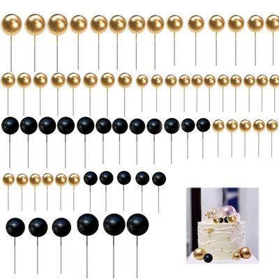 Uskerb 66 PCS Ball Cake Decorations - Black and Gold | Cake Topper Decorations for Wedding, Party, Birthday | Includes Various Sizes | Perfect for Cupcake Toppers & Cake Decorating