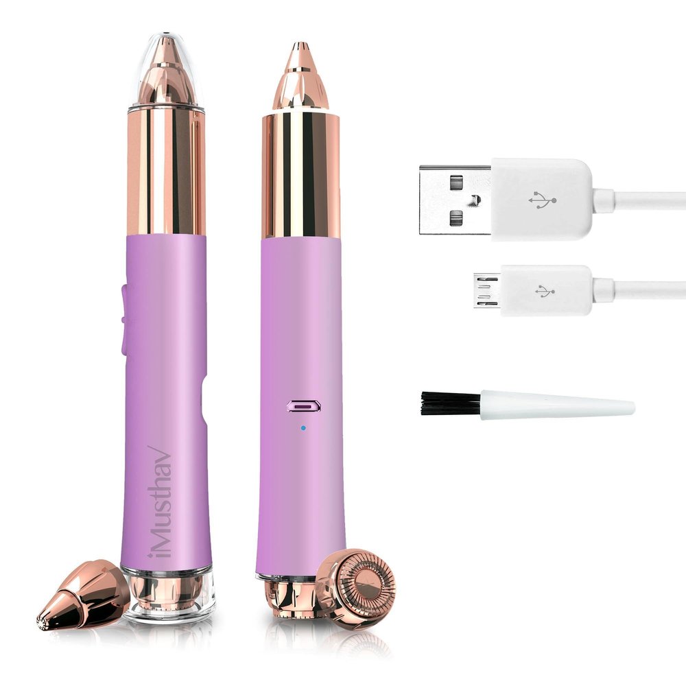 2-in-1 Portable Rechargeable Painless Eyebrow Trimmer & Facial Hair Remover, removes Eyebrow, face, Lips and Body Hair for Women. 18K Gold Plated Hypoallergenic Heads, 360 LED Light for Hair Removal