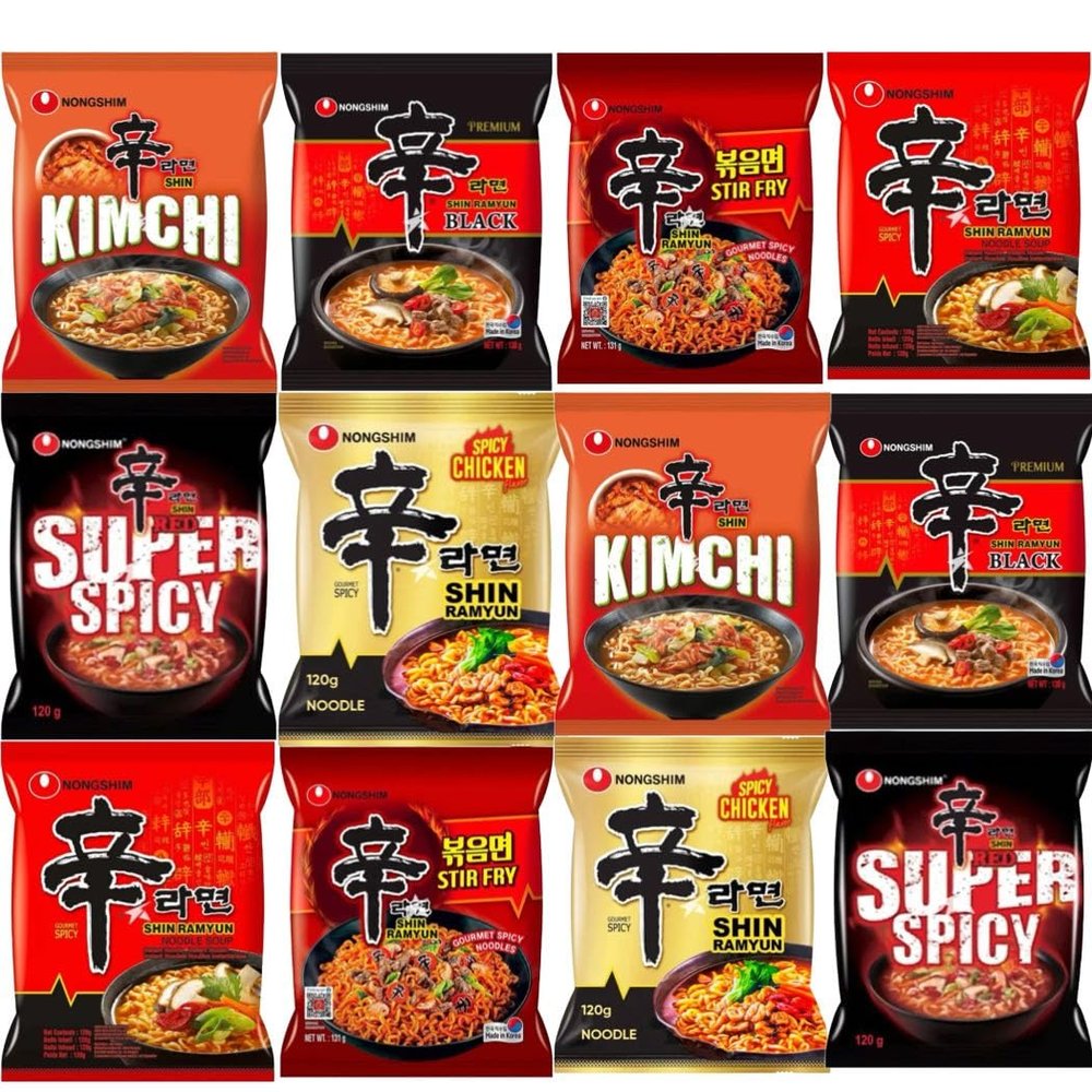 Nongshim SHIN Ramyun Korean Ultimate Spicy Ramen Bundle - Original, Red, Black, Kimchi & Stir Fry Noodles (Shin x 2, Black x 2, Red x 2, Kimchi x 2, Stir Fry x 2 & Spicy Chicken x 2)
