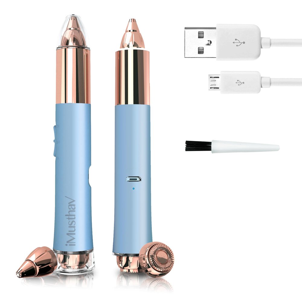 2-in-1 Portable Rechargeable Painless Eyebrow Trimmer & Facial Hair Remover, removes Eyebrow, face, Lips and Body Hair for Women. 18K Gold Plated Hypoallergenic Heads, 360 LED Light for Hair Removal