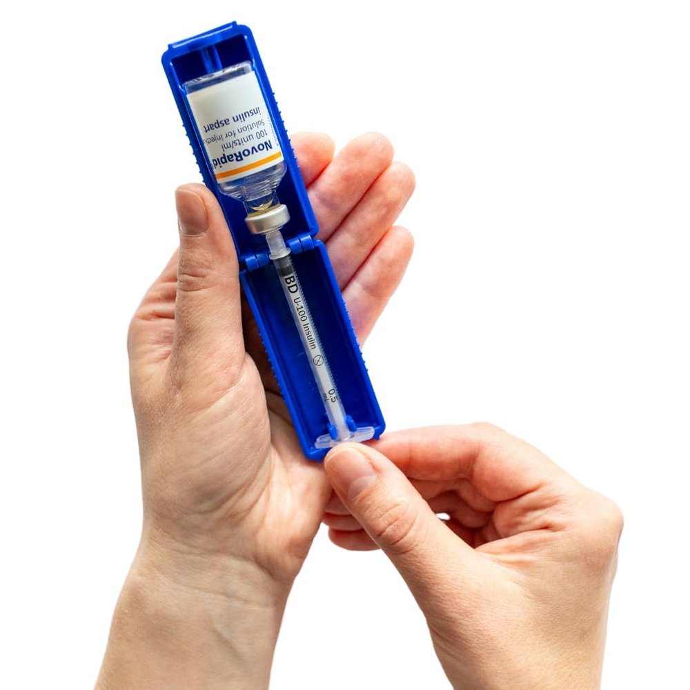 0.5ml U-100 disposable syringe T1me Vial Syringe Insulin Filling Support (BD Micro-Fine and other insulin syringe), Insulin transfer device for diabetes, Bottle Protector Case, Vial Holder (Blue)