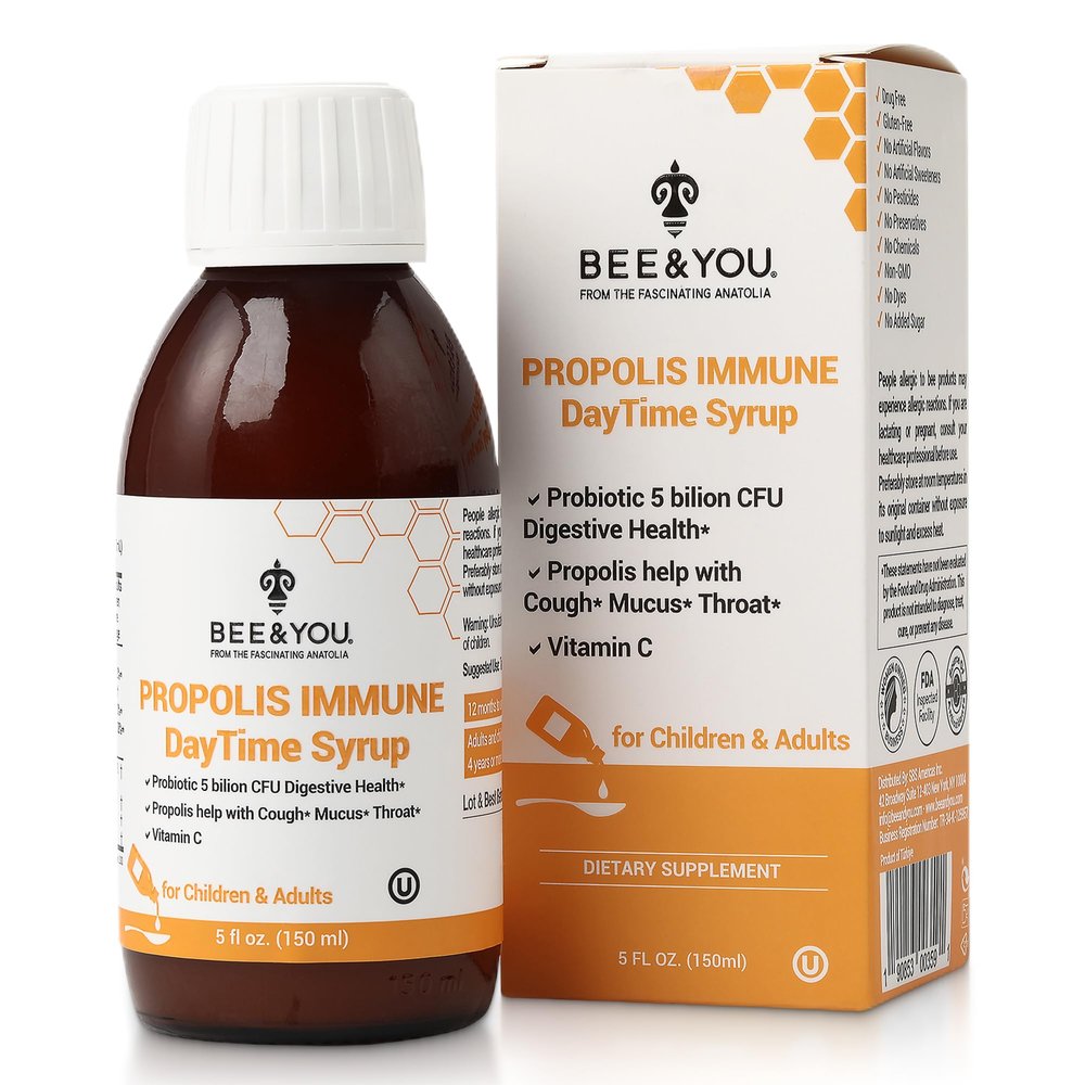 BEE&YOU Propolis Immune Day Time Syrup with Probiotic, Vitamin C, Immune Support, Digestive Health, Antioxidants, Gut Health 5 Fl Oz