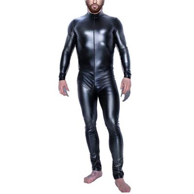KRLZKID Men Sexy Lingerie Faux Leather Jumpsuit Latex Catsuit Long Sleeves Leotard Clubwear,Black-3XL