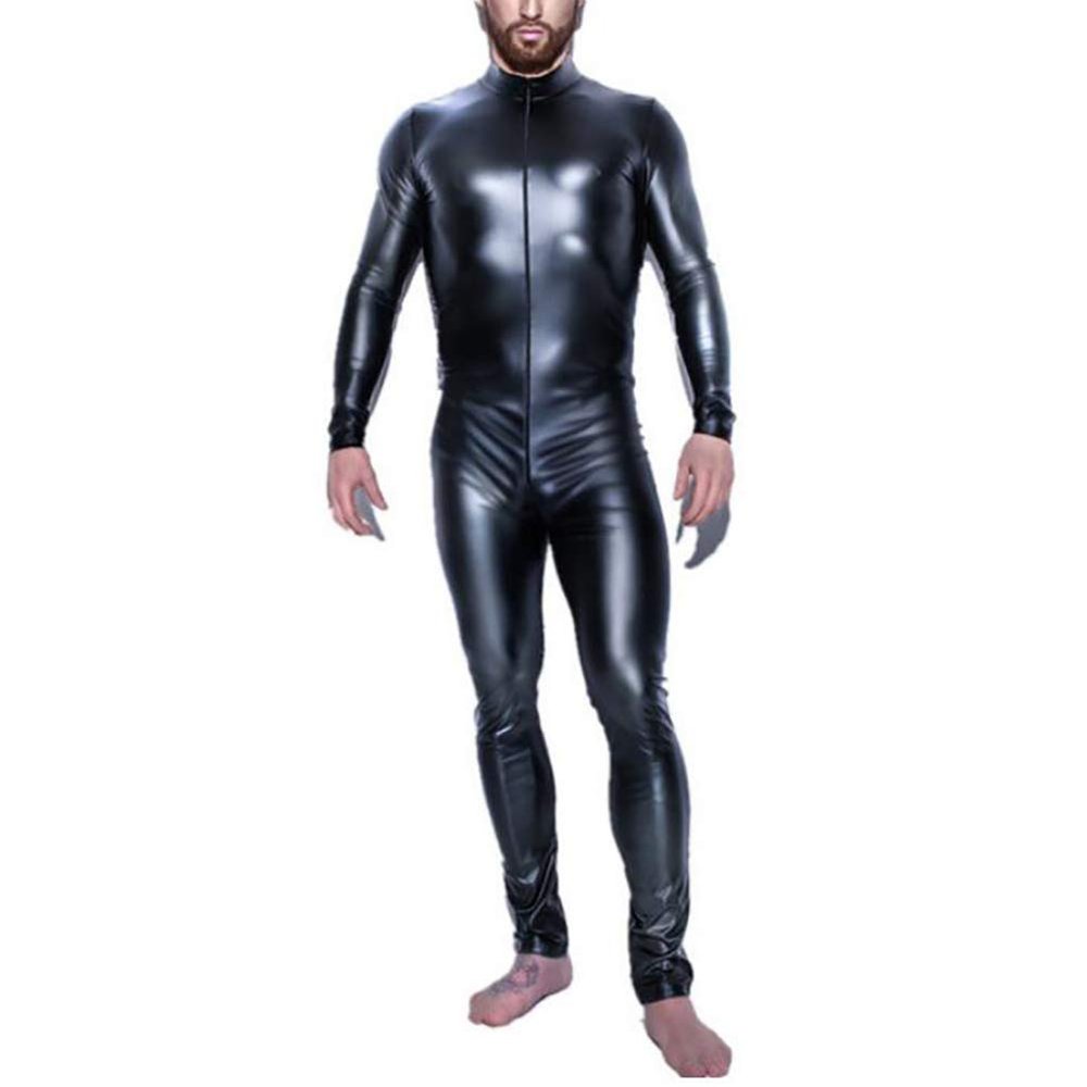 KRLZKID Men Sexy Lingerie Faux Leather Jumpsuit Latex Catsuit Long Sleeves Leotard Clubwear,Black-3XL