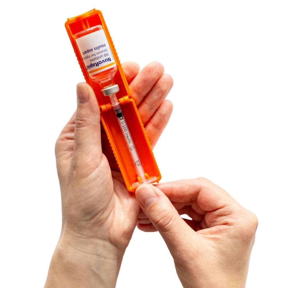 0.5ml U-100 disposable syringe T1me Vial Syringe Insulin Filling Support (BD Micro-Fine and other insulin syringe), Insulin transfer device for diabetes, Bottle Protector Case, Vial Holder (Orange)