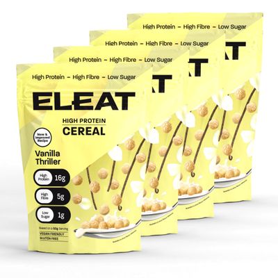 ELEAT | High Protein Low Sugar High Fibre Cereal | Muscle Recovery Healthy Gluten Free Vegan Breakfast | Complete Plant Protein | Low GI Carbs High Protein Cereals | Vanilla Thriller 4 x250g