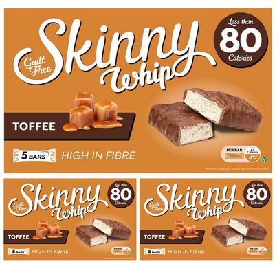 Skinny Whip Toffee (5 x 20g bars) Pack of 3 Milk Chocolate Sweet Chewy Cereal Cocoa Nougat Caramel Block with Welari Thank You Card | 3pack) (300g)