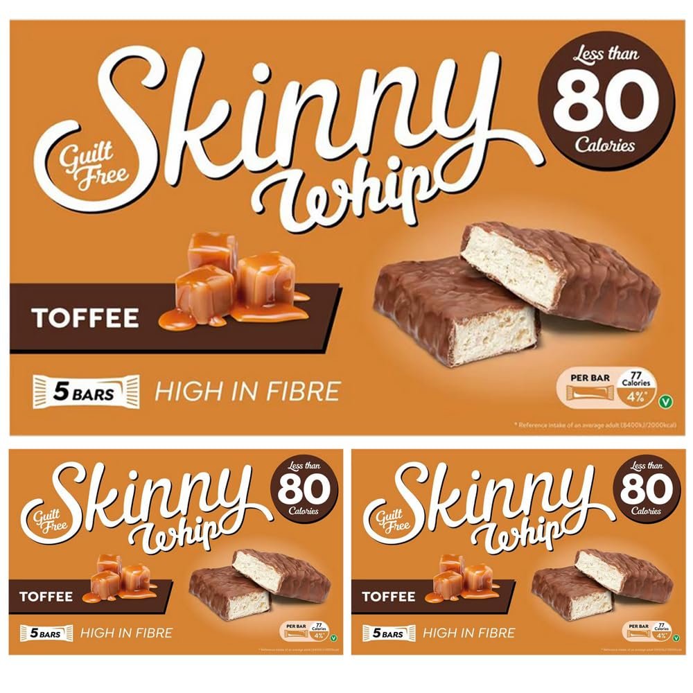 Skinny Whip Toffee (5 x 20g bars) Pack of 3 Milk Chocolate Sweet Chewy Cereal Cocoa Nougat Caramel Block with Welari Thank You Card | 3pack) (300g)
