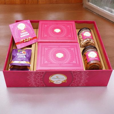 Ghasitaram Gifts Jaiccha Rakhi Gifts for Brothers Big Hamper Tray with Sugarfree Kaju Katli, Sugarfree Peda, 2 rakhis, Card, Wheat Puffs, Anjeer Bites, and Mixed Dryfruit Jar