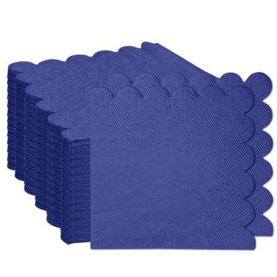 RINDOJIN 100 Pieces 2-Ply Navy Blue Scalloped Napkins Folded 5 x 5 inch Disposable Cocktail Napkins Paper Napkins for Dinner Wedding Birthday Party Blue Beverage Napkins