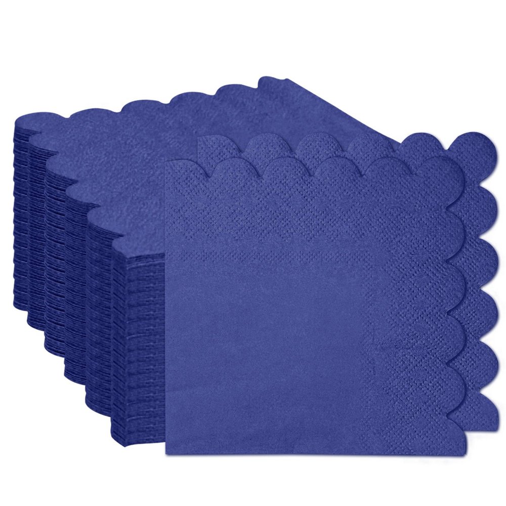 RINDOJIN 100 Pieces 2-Ply Navy Blue Scalloped Napkins Folded 5 x 5 inch Disposable Cocktail Napkins Paper Napkins for Dinner Wedding Birthday Party Blue Beverage Napkins
