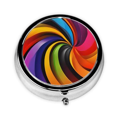 JCVYTSDLK Round Pill Organizer Box 3 Compartment Metal Portable Medicine Vitamin Pill Case for Pocket or Purse 2.0 x 2.0 x 0.7 in Travel Essentials - Colorful Rainbow, Black