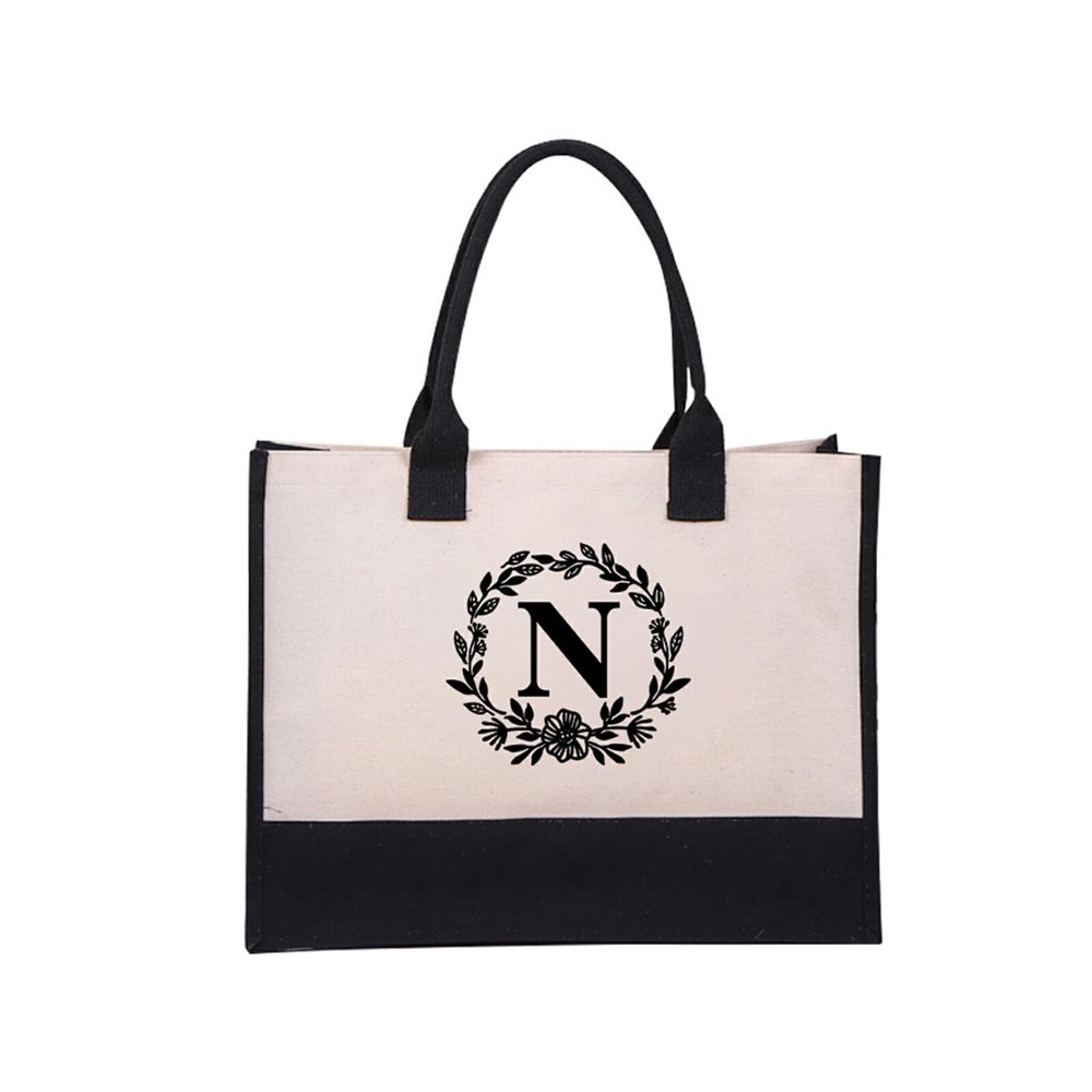 Guangcailun Alphabet Beach Bag Tough And Wear-resistant For Party Hosts Canvas Letter Cotton Canvas Bag Canvas Shopping Bag Tote Bag, N flower