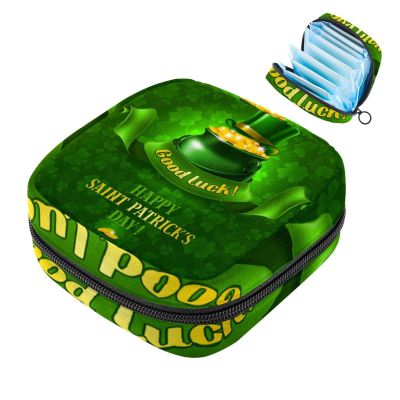 Zipper Menstrual Cup Pouch, Sanitary Napkin Storage Bags, Happy St Patrick Lucky Green Clover-1193 Soft Tampons Collect Holder Purse for Girls Women Ladies Feminine