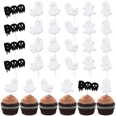 24 PCS Halloween Ghost Cupcake Toppers,White Glitter Ghost BOO Halloween Cupcake Picks for Halloween Theme Baby Shower Kids Birthday Party Supplies Cake Decorations
