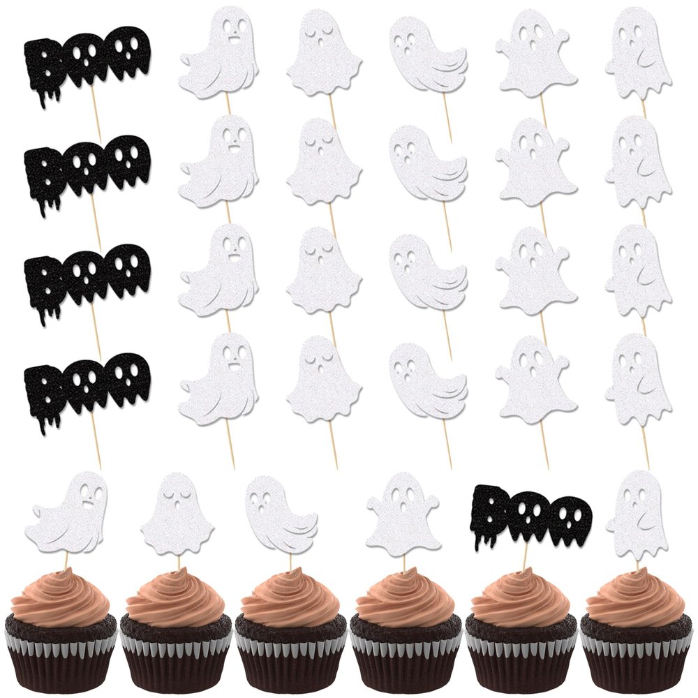 24 PCS Halloween Ghost Cupcake Toppers,White Glitter Ghost BOO Halloween Cupcake Picks for Halloween Theme Baby Shower Kids Birthday Party Supplies Cake Decorations