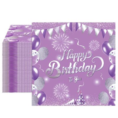 40 PCS Happy Birthday Napkins Purple Paper Napkins Disposable Purple and Silver dinner Napkins for Bar Wedding Anniversary Birthday Party Supplies 2 Ply