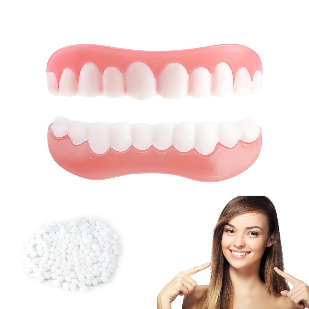 2 Pairs Clip in Veneers Teeth False Teeth Set Temporary Dentures Adhesives Top and Bottom, Whitening Artificial Teeth Covers for Men and Women with Bad Teeth, Restore A Confident Smile