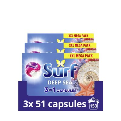 Surf 3 in 1 Deep Sea Laundry Washing Detergent Capsules joy-infused fragrance with natural essential oils lasting up to 12 hours in wear for brilliantly clean results 153 washes (1 x 51 capsules)