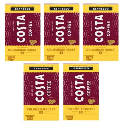 Costa Colombian Roast Nespresso Compatible Aluminum Coffee Capsules (Pack of 5, Total 50 Pods)