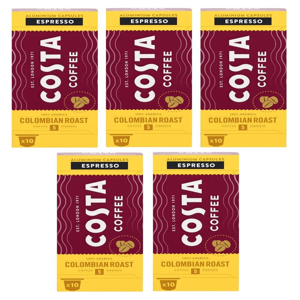 Costa Colombian Roast Nespresso Compatible Aluminum Coffee Capsules (Pack of 5, Total 50 Pods)