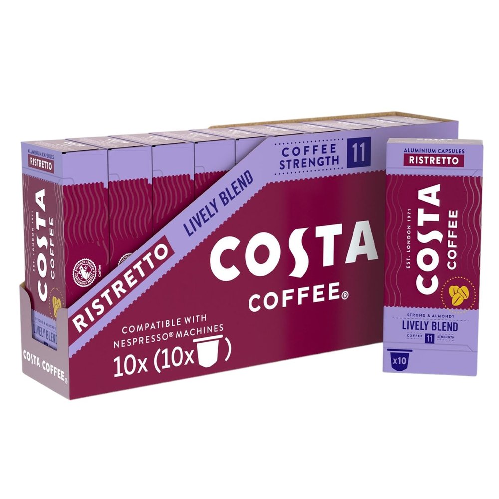 Costa Lively Blend Nespresso Compatible Aluminum Coffee Capsules (Pack of 10, Total 100 Pods)