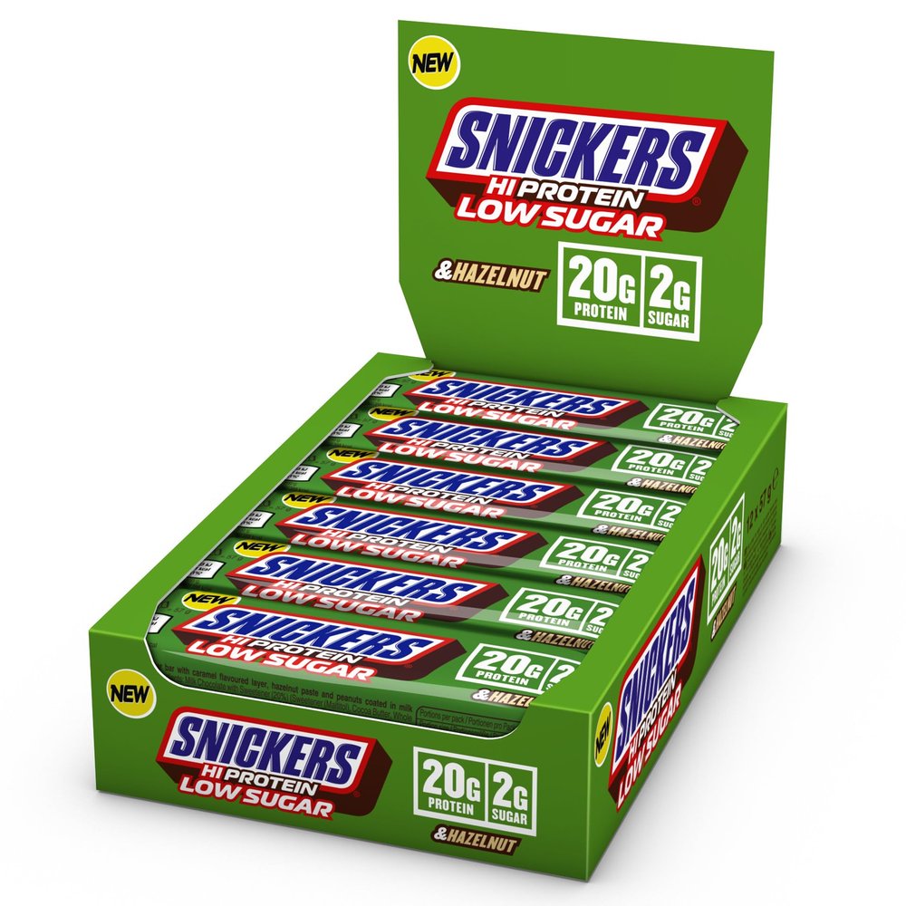 Snickers - High Protein Bars | Low Sugar, Only 2g of Sugar per bar, Hazelnut and Milk Chocolate Flavour, 12 x 57g Box, 20g Protein