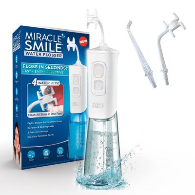Miracle Smile Water Deluxe Flosser for Teeth & Gum Health, Unique H-Shaped Flossing Head & 4 Water Jets, Cordless Flosser Features 360 Cleaning & 3 Pressure Modes, USB Rechargeable