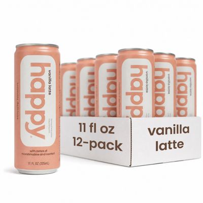 Happy Coffee 11oz Vanilla Latte Canisters - Pack of 12 Notes of Marshmallow & Comfort 100% Arabica Beans - No Artificial Flavors or Sweeteners