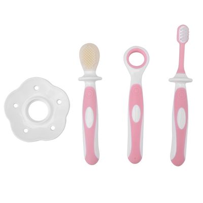 Baby Teeth Care Kit Soft Toothbrush Tongue Scraper with Protective Plate Non Slip Handle for Oral Cleaning 6 to 12 Months (Pink)