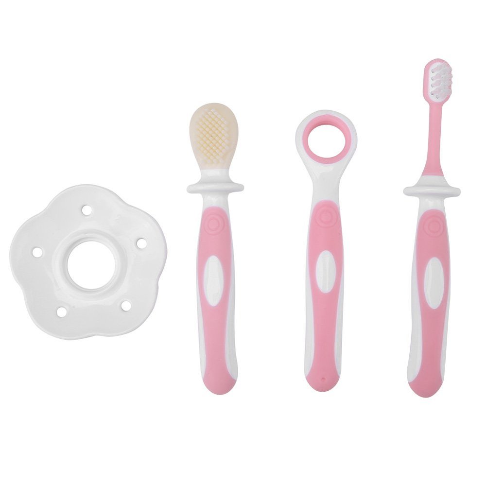 Baby Teeth Care Kit Soft Toothbrush Tongue Scraper with Protective Plate Non Slip Handle for Oral Cleaning 6 to 12 Months (Pink)