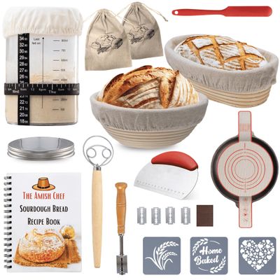 The Amish Chef Complete Sourdough Bread Starter Kit - Glass Jar, Banneton Basket (2x Baskets and Jar), Recipe Book & More