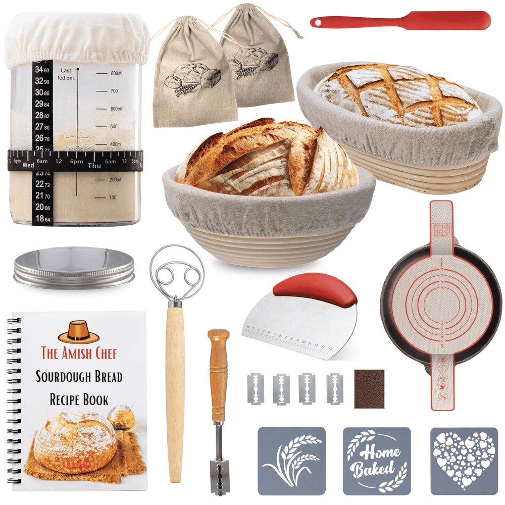 The Amish Chef Complete Sourdough Bread Starter Kit - Glass Jar, Banneton Basket (2x Baskets and Jar), Recipe Book & More
