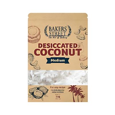Desiccated Coconut Medium 1kg by Bakers Street - Made in Sri Lanka, Natural Dried Coconut 100% Natural, High Fibre, Ideal for Baking, Cooking, and Topping Desserts, Vegan & Gluten-Free