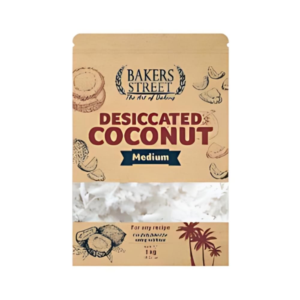 Desiccated Coconut Medium 1kg by Bakers Street - Made in Sri Lanka, Natural Dried Coconut 100% Natural, High Fibre, Ideal for Baking, Cooking, and Topping Desserts, Vegan & Gluten-Free
