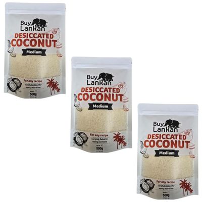 Desiccated Coconut Medium 3x500g by Buy Lankan - Made in Sri Lanka, Natural Dried Coconut 100% Natural, High Fibre, Ideal for Baking, Cooking, and Topping Desserts, Vegan & Gluten-Free
