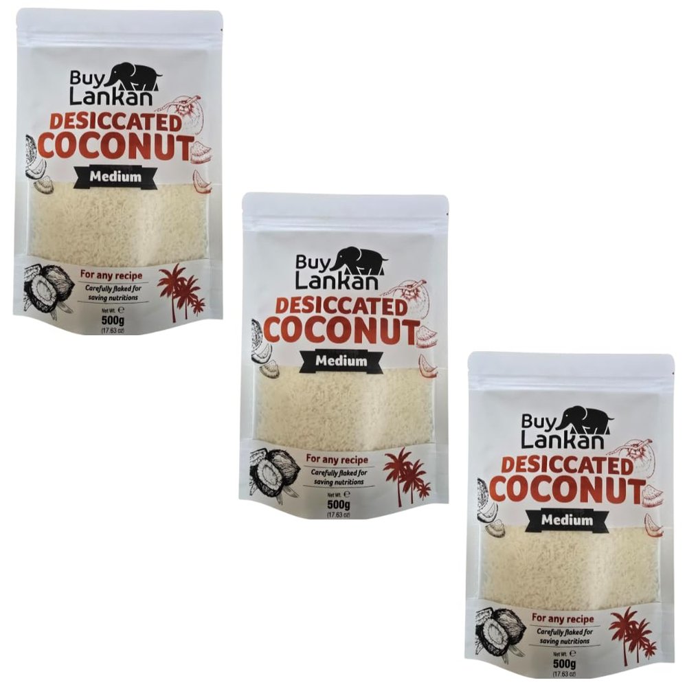 Desiccated Coconut Medium 3x500g by Buy Lankan - Made in Sri Lanka, Natural Dried Coconut 100% Natural, High Fibre, Ideal for Baking, Cooking, and Topping Desserts, Vegan & Gluten-Free