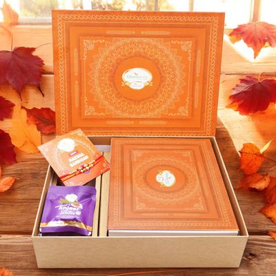 Ghasitaram Gifts Jaiccha Rakhi Gifts for Brothers Orange Hamper Box with Sugarfree Kaju Katli, 2 rakhis, Card, and Anjeer Bites