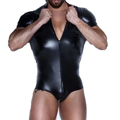 KRLZKID Men Sexy Lingerie Jumpsuit Faux Leather Bodysuit Stage Performance Costume,Black-M