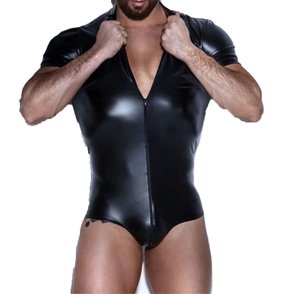 KRLZKID Men Sexy Lingerie Jumpsuit Faux Leather Bodysuit Stage Performance Costume,Black-M