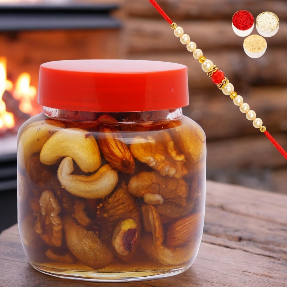 Ghasitaram Gifts Jaiccha Rakhi Gifts for Brothers Honey Dipped Dryfruit Jar with Pearl Beads Rakhi